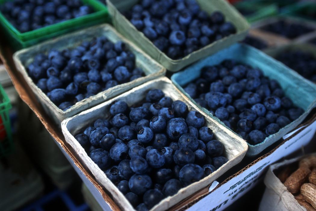 Cardboard pint containers filled with blueberries at a market stand