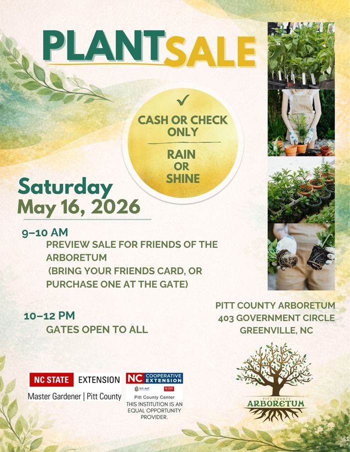 Plant sale May 16, 2026; 9–10AM preview, 10–12PM open; Cash/check only; Pitt County Arboretum