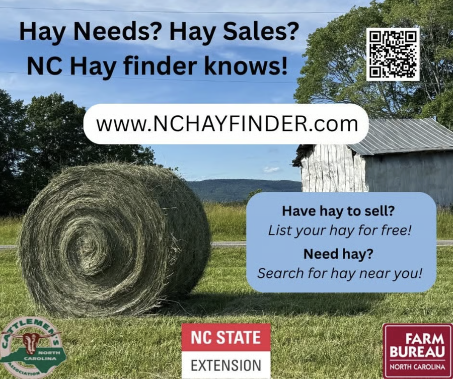 Round hay bale with text: "Hay Needs? Hay Sales? NC Hay finder knows! www.NCHAYFINDER.com"