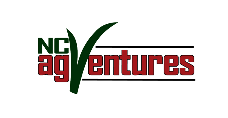 Logo for NC AgVentures featuring the text "NC AgVentures" in red and green, with two green blades of grass forming the "V" in ventures.