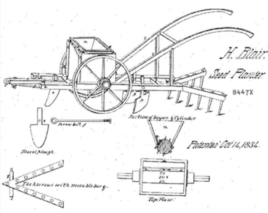 Mechanical drawing of seed planter labeled "Seed Planter" and "Patented Oct 14, 1834"