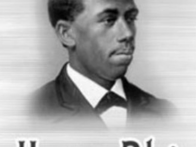 Portrait of a man in 19th-century suit and bow tie with stylized text below