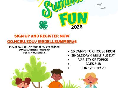 4-H Summer Fun 2026 flyer with kids illustration; sign up go.ncsu.edu/iredellsummer26