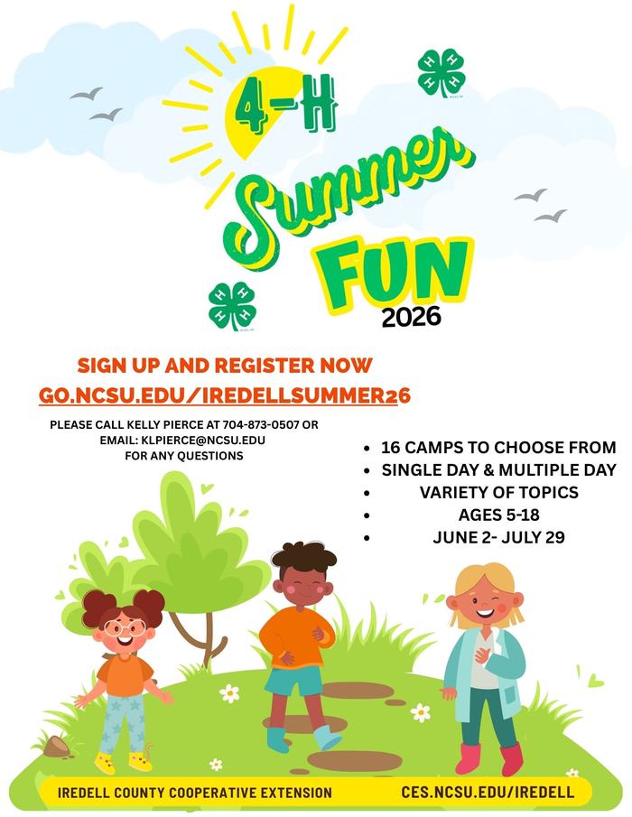 4-H Summer Fun 2026 flyer with kids illustration; sign up go.ncsu.edu/iredellsummer26