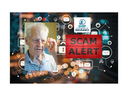 Elderly man on phone, network icons, red "SCAM ALERT" sign, SHIIP NC Department of Insurance logo