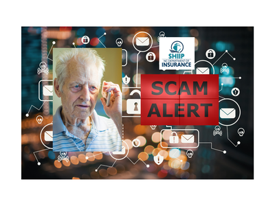 Elderly man on phone, network icons, red "SCAM ALERT" sign, SHIIP NC Department of Insurance logo