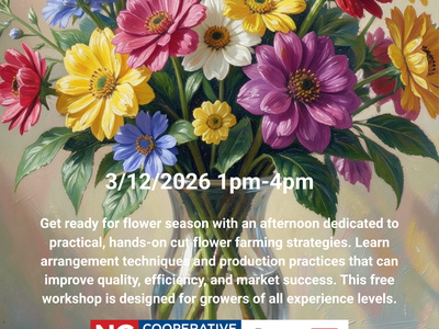 Painted bouquet with overlaid text: Cut Flower Farming: From Field to Market; 3/12/2026 1pm–4pm