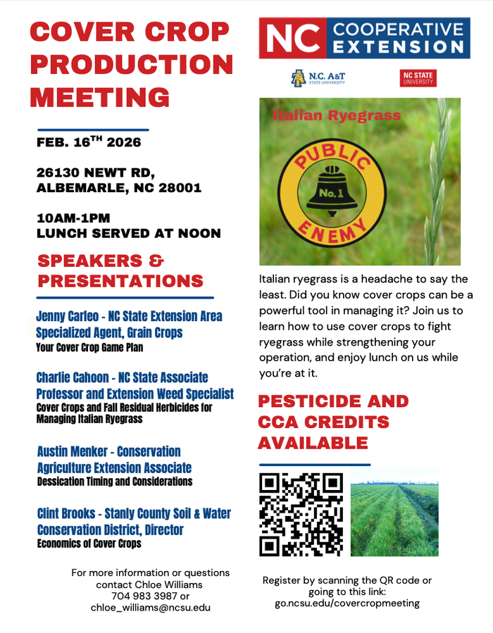 Cover Crop Meeting Flyer for February 16, 2026 in Albemarle, NC