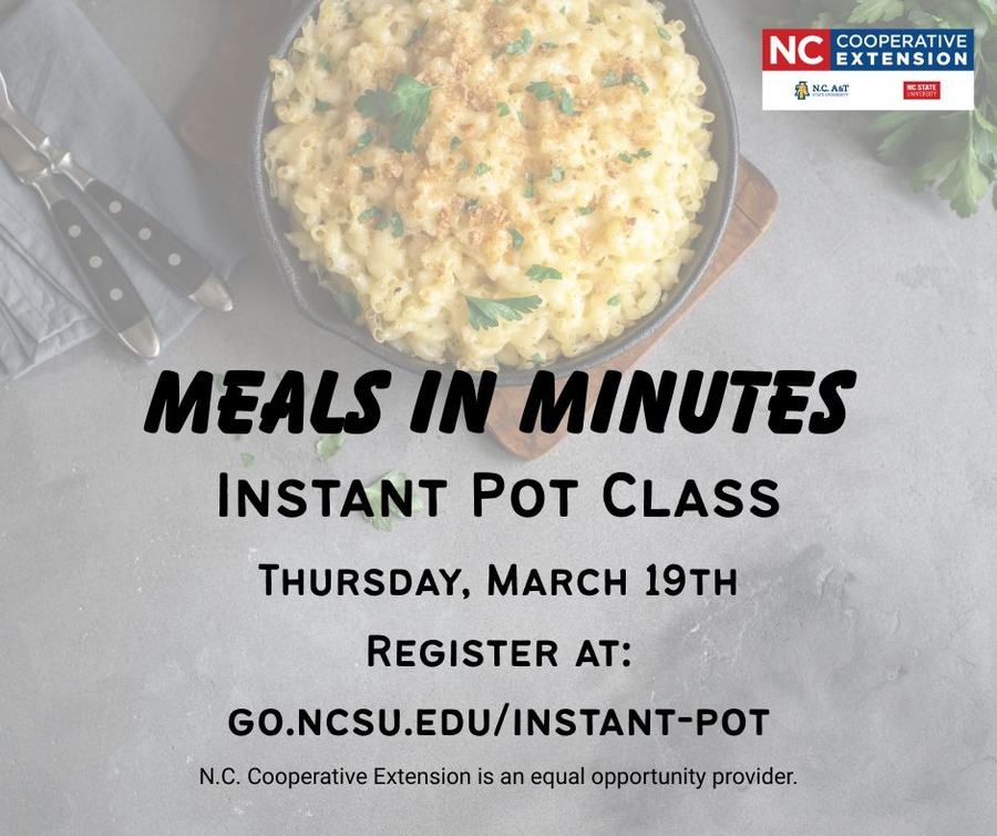 Information for an upcoming workshop - Meals in Minutes. Image of mac and cheese in the background.