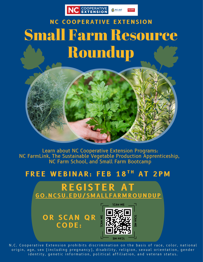 small farm resource roundup flyer with topics, date, registration info. and 3 featurds plants