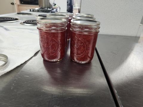 Jars of fresh strawberry jam lined up on a kitchen counter.