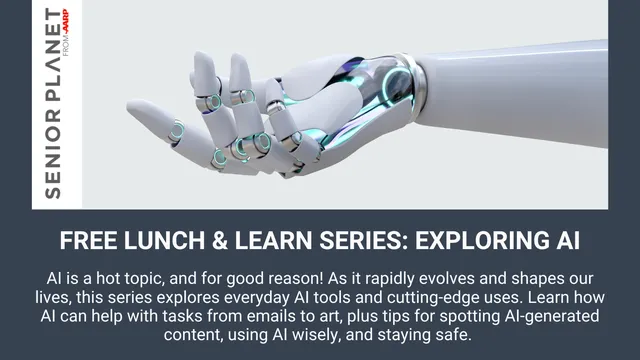 An informational flyer for a free Senior Planet Lunch & Learn Series: "Exploring AI" hosted by Bertie Cooperative Extension & Fybe. Location: 104 Lancaster Ave Windsor NC 27983. Date: 3/26/26. Time: 11:30AM-1:00PM. Call Rebecca at 252-794-6170 to register