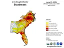 Map of the southeastern U.S. showing drought conditions as of June 23, 2026, with widespread severe to exceptional drought across much of the Carolinas, Virginia, and parts of Florida.
