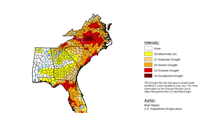 Map of the southeastern U.S. showing drought conditions as of June 23, 2026, with widespread severe to exceptional drought across much of the Carolinas, Virginia, and parts of Florida.