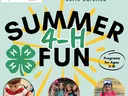 4-H Summer Fun Title with three thumbnail images: 1. child cutting strawberry, 2. four girls smiling together, 3. boy standing in creek looking at fish in observation tank.