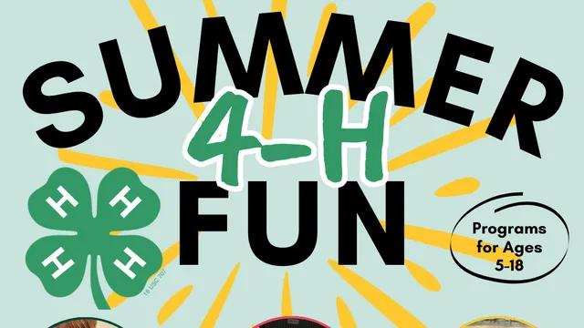 4-H Summer Fun Title with three thumbnail images: 1. child cutting strawberry, 2. four girls smiling together, 3. boy standing in creek looking at fish in observation tank.