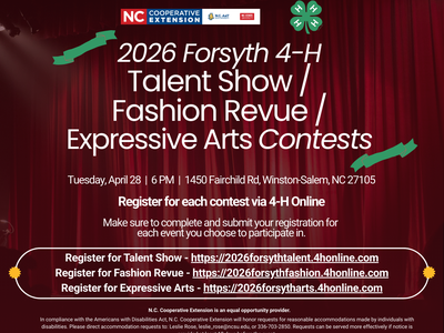 Flyer for the 2026 Forsyth County 4-H Talent Show/Fashion Revue/Expressive Arts Contests