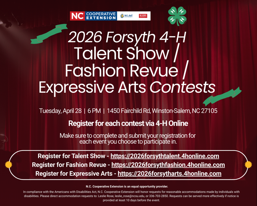 Flyer for the 2026 Forsyth County 4-H Talent Show/Fashion Revue/Expressive Arts Contests