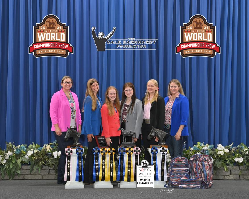 Members of the 2026 AQHYA World Champion 13 and Under Horse Judging Team along with their ribbons and awards in front of a backdrop at the AQHYA World Show in Oklahoma.
