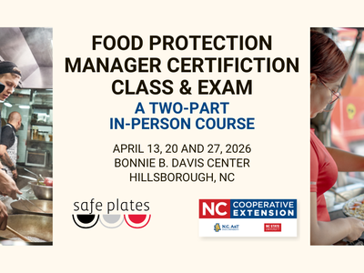 Men cooking and woman serving food with text that reads food protection, manager, certification, class and exam.