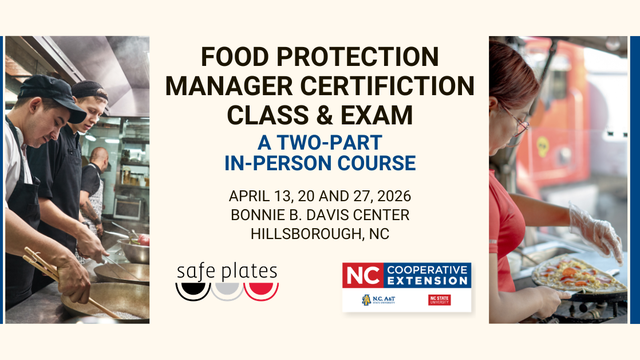 Men cooking and woman serving food with text that reads food protection, manager, certification, class and exam.