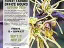 Flier for Appalachian Forest Farmer Coalition and NC State University Extension Forest Farming Office Hours. Held on September 11 and November 13, 2026 from 12 to 1:30 PM EST. Q&A, resources, and conversation about forest farming. Held on Zoom.