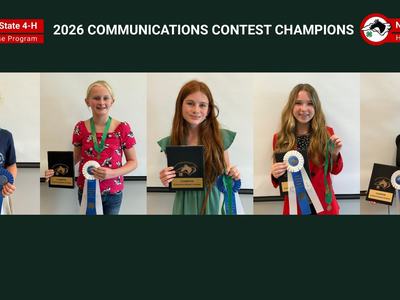 A collage of the 5 contest winners from the State Communications contest. Each winner is holding their first place ribbon, medal and padfolio.