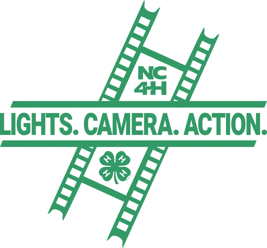 Green NC 4-H “Lights. Camera. Action.” logo featuring overlapping film strips, bold text across the center, and a 4-H clover emblem below.