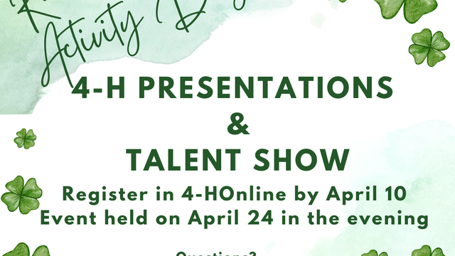 Rowan County 4-H Presentations & Talent Show; Registration due April 10. Event April 24.