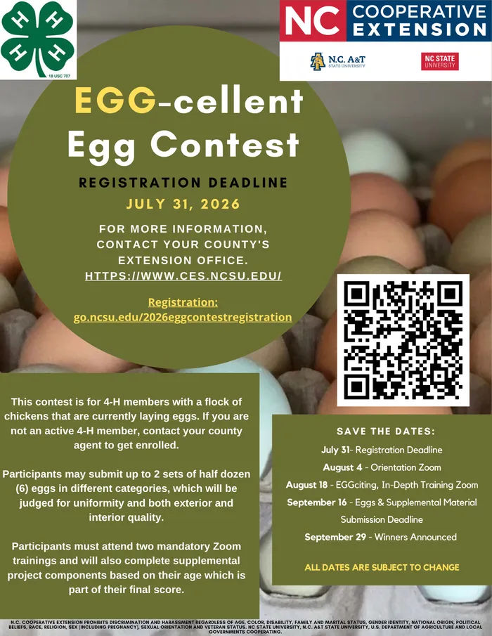 2026 NC 4-H Egg-cellent Egg contest flyer. Registration due by July 31.