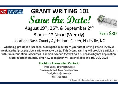 Grant writing 101 save the date August 19, 26, and September 2nd