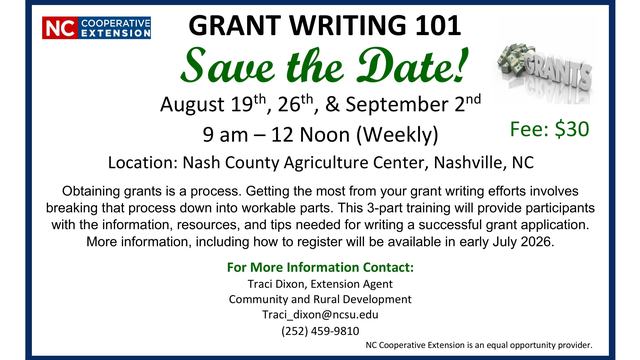 Grant writing 101 save the date August 19, 26, and September 2nd