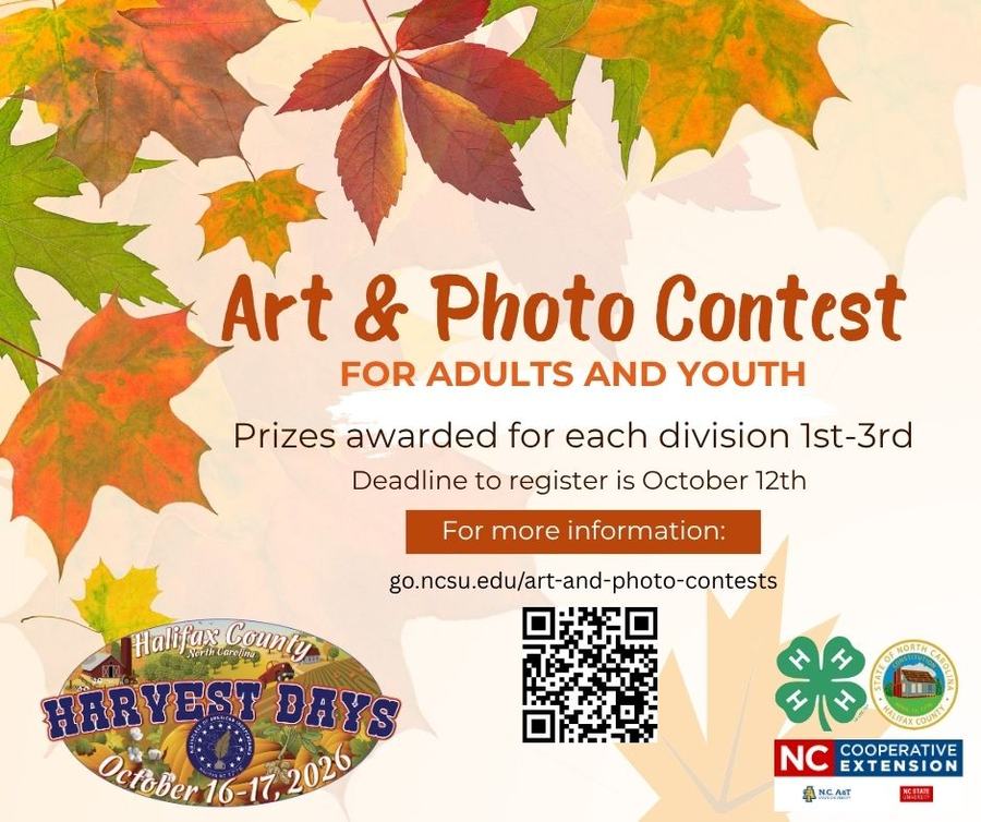 Flyer for the Halifax County Harvest Days Art & Photo Contest for adults and youth. Registration deadline is October 12th. Includes event date October 16–17, 2026, website link, and QR code.