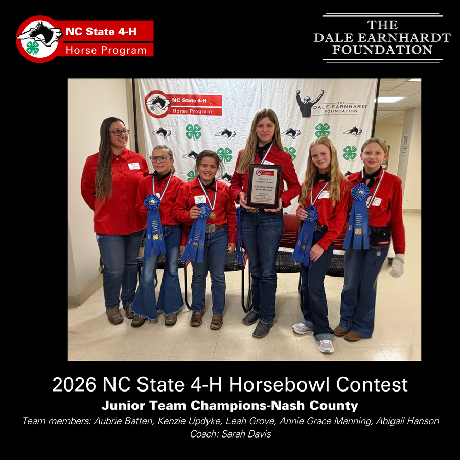 A picture of the 5 team members and coach from Nash county with their ribbons and plaque.