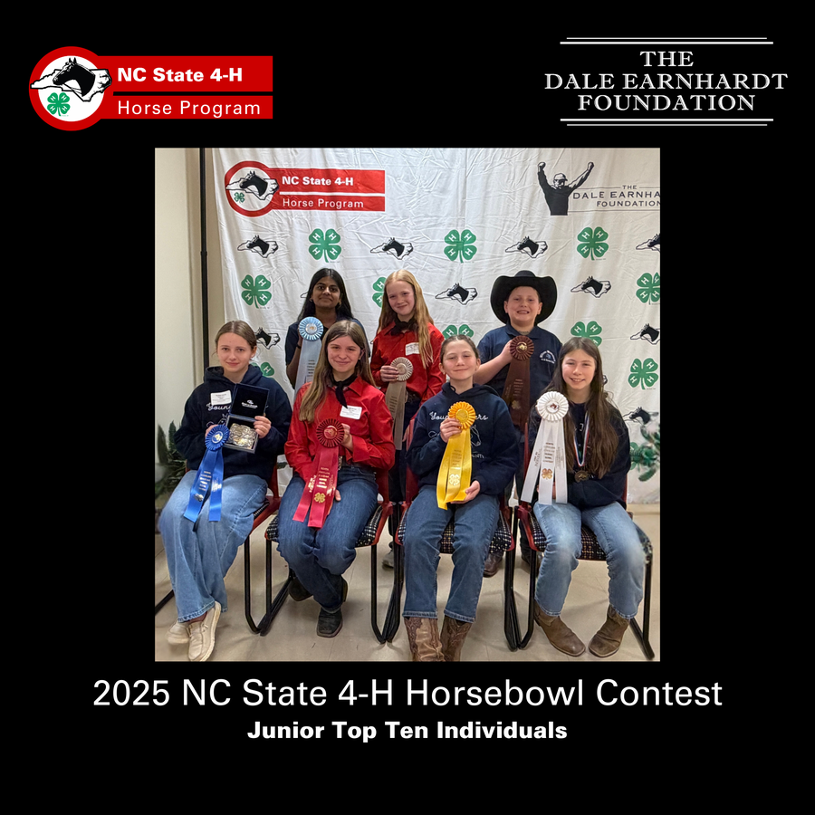A picture of the top ten individuals in the Junior Horse Bowl Individuals with their ribbons.