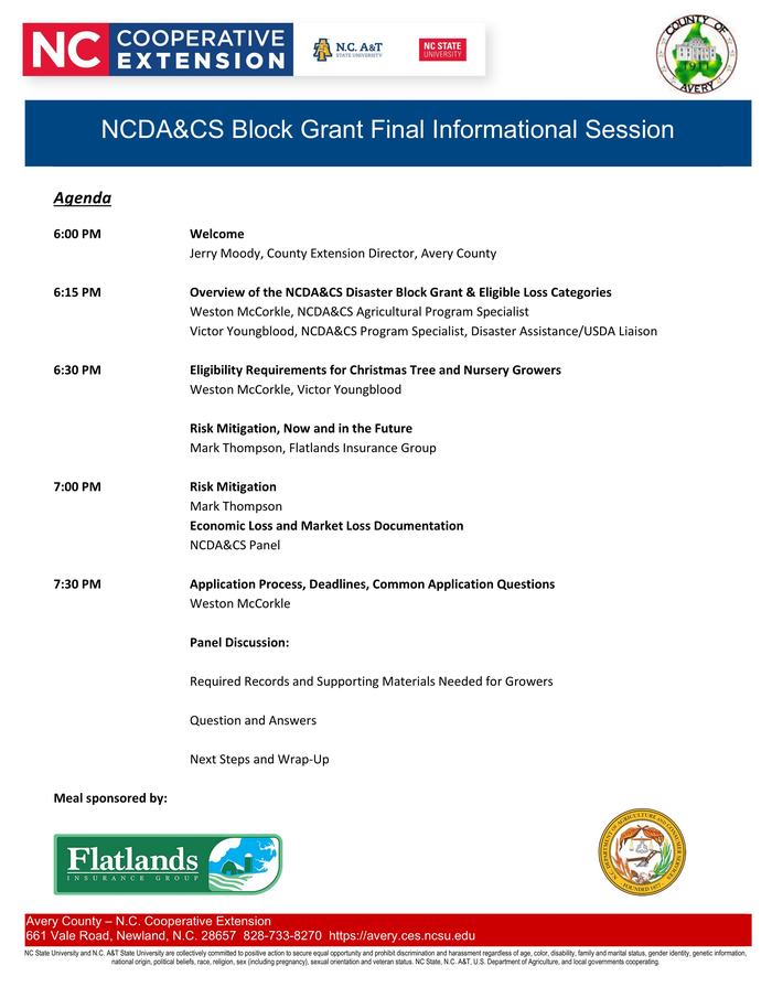 Agenda flyer for the NCDA&CS Block Grant Final Informational Session hosted by the NC Cooperative Extension in Avery County, outlining the evening's schedule, speakers, and contact information. Information in the main text.