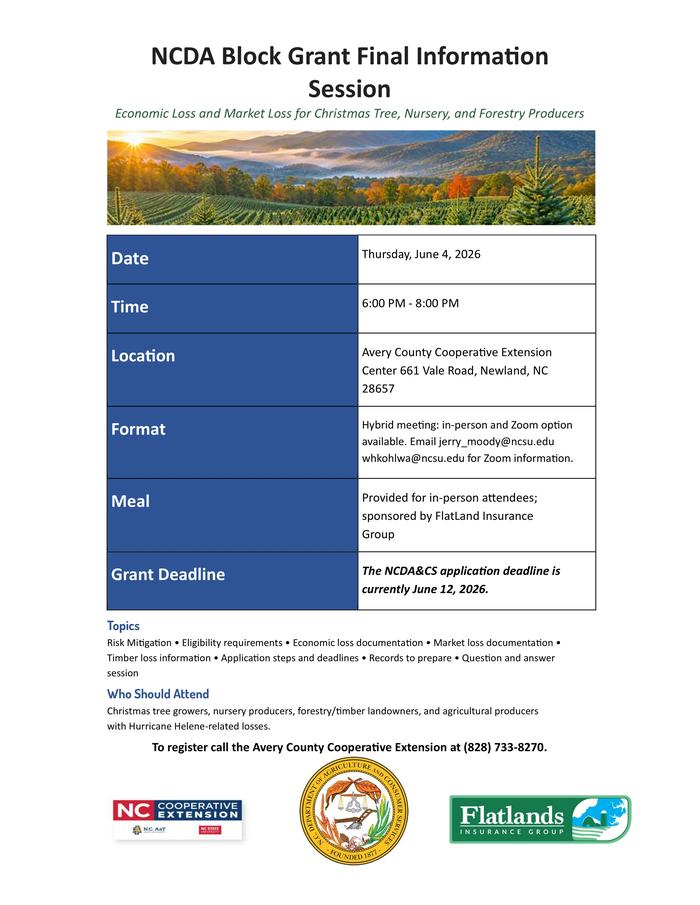 Flyer for the NCDA Block Grant Final Information Session on June 4, 2026, details in main text.