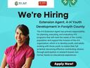 Young woman with arms slightly crossed with text that reads similar to the article. We're Hiring and Extension Agent for 4-H Youth Development in Forsyth County. The link will take you to the job description and application.