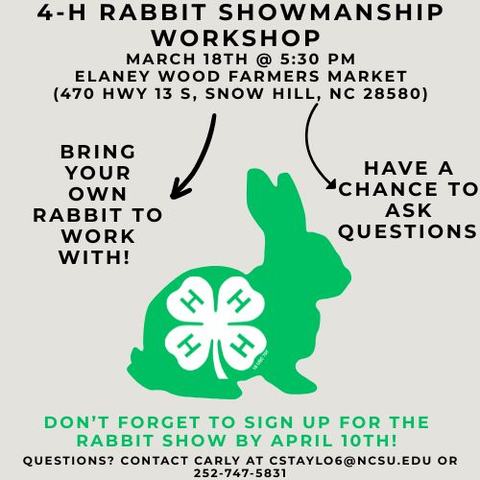 A flyer showing all the information for a rabbit showmanship clinic in Greene County