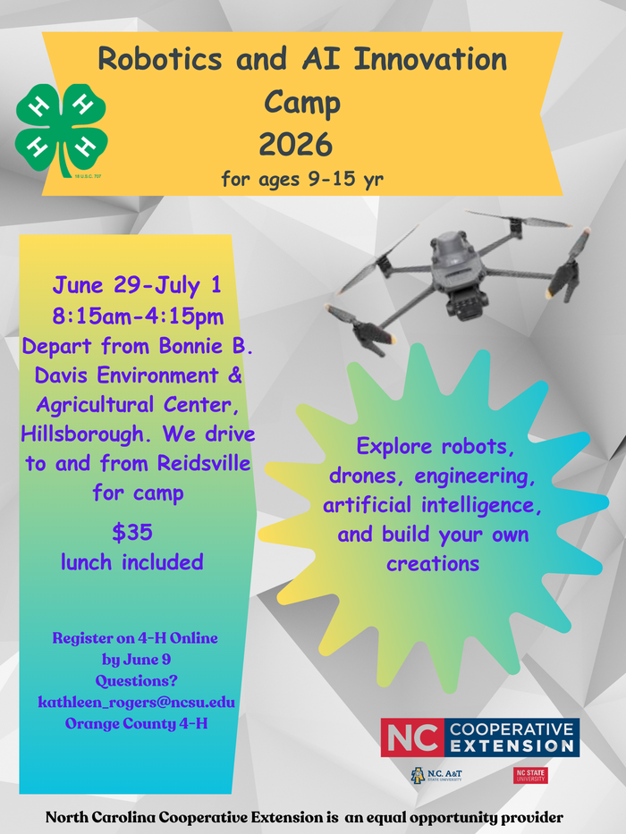 Ready to step into the future? Join us for an action-packed 4-H day camp where you are the engineer. Spend the week mastering the skies with drones, programming robots, and unlocking the secrets of Artificial Intelligence.