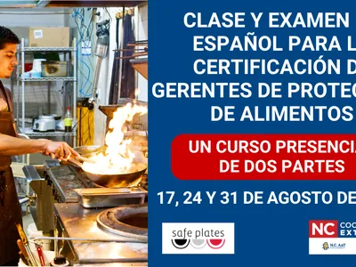 Una persona cocinando en un restaurante junto al texto "clase-examen en español para gerentes de protección de alimentos"