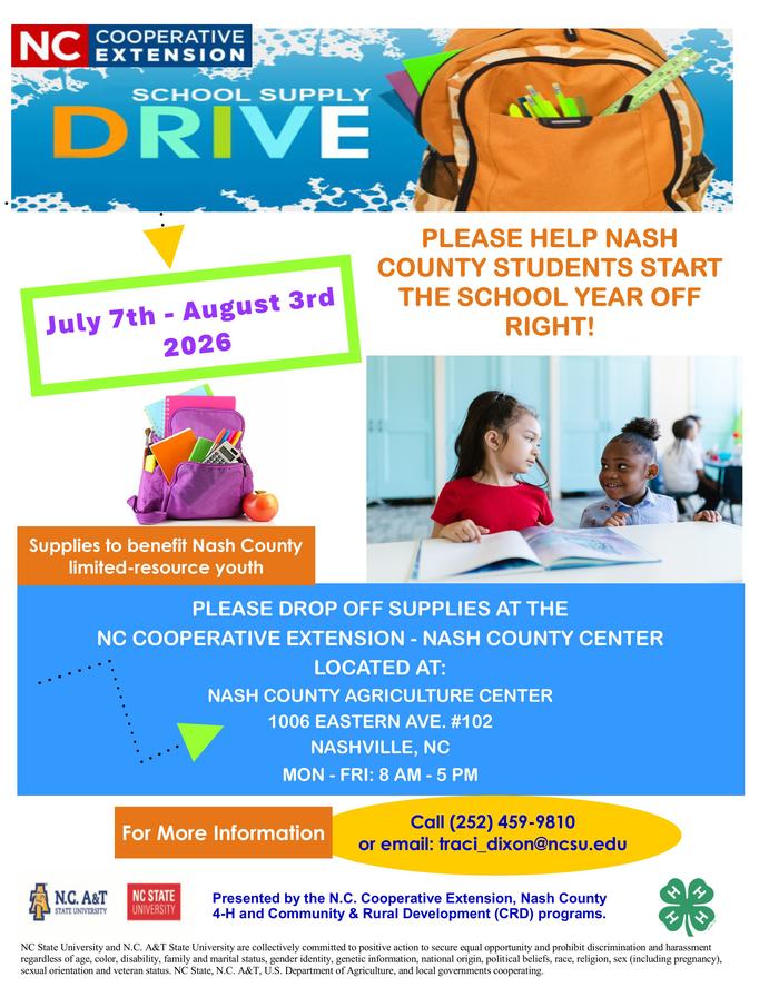 School supply drive flyer for july 7th - august 3rd, 2026