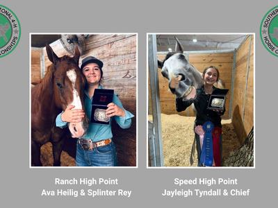 A picture of Ava Heilig and Jayleigh Tyndall with their horses and high-point prize buckles.
