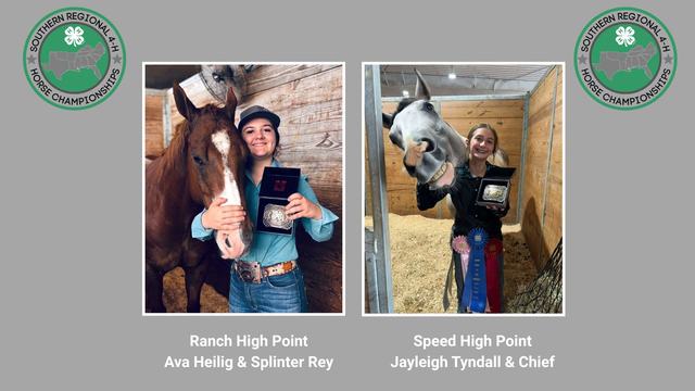 A picture of Ava Heilig and Jayleigh Tyndall with their horses and high-point prize buckles.