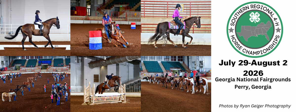 A long graphic with different riding disciplines at the Southern Regional 4-H Horse Championships in Perry, Georgia.
