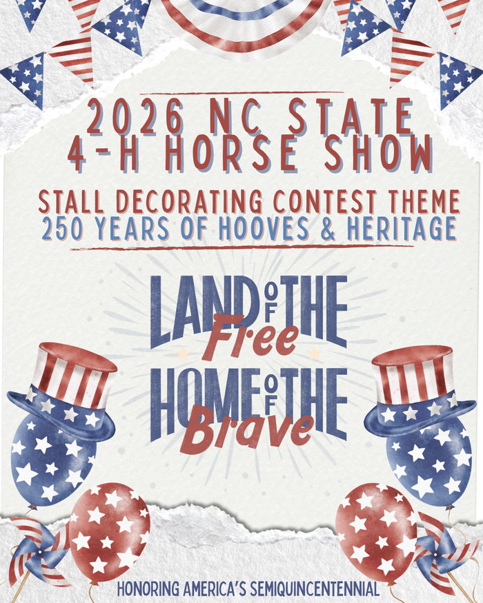 A red, white and blue themed graphic announcing the 2026 stall decorating contest theme is based on the 250th anniversary of America