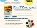 Promotional flyer for the free "Eat the Med Way: Summer Senior Series" hosted at the Stanly County Senior Center on July 1 and August 5 at 2:00 PM . Includes session descriptions, photos of healthy food and herbs, and registration contact numbers.