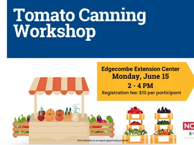 Tomato canning workshop flyer. Workshop is scheduled for June 15 from 2 -4pm at the Edgecombe Extension Office.