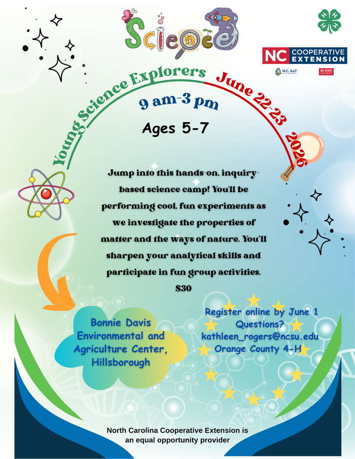 Cloverbud Young Science ExplorersUse your skills to conduct fun science experiments and explore chemical and physical properties of things you use and see every day!Open to members ages 5-7 as of January 1, 2026.Times: 9:00A-3:00P Daily