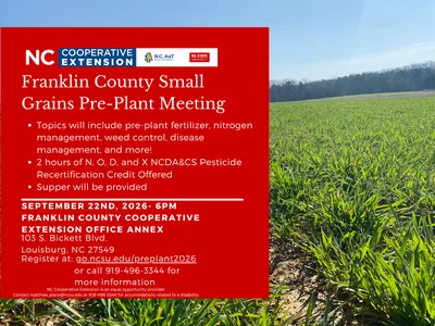 Franklin County Small Grains Pre-Plant Meeting flyer with date, time, location, registration information field of grain background
